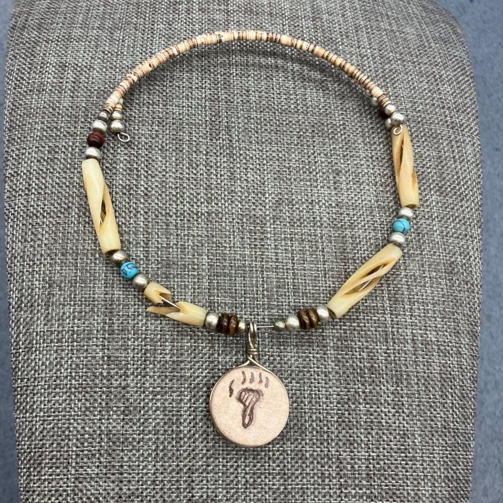 Memory Wire Ankle Bracelet Silver Footprint Carved Bead Turquoise Stone Shell
